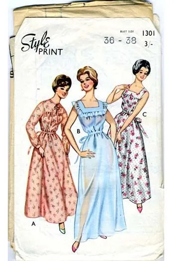 1960s Vintage Nightgown Style 1301 Dressmaking Pattern