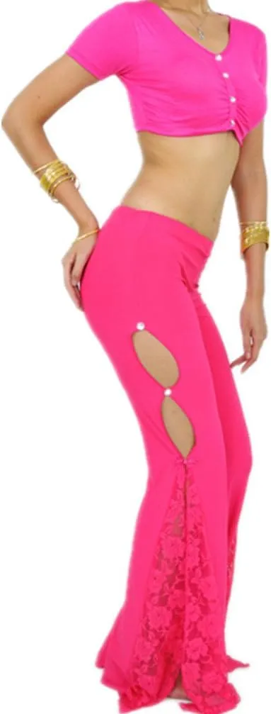 2022 Sexy Retro Lace Floral Flared Long Pants Yoga Belly Dance Pants Side Slit Design Elastic Waistband Best Gift