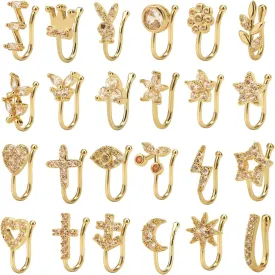 24Pcs Fake Nose Ring CZ African Nose Cuffs Gold Faux Septum Nose Rings Clip on Nose Jewelry for Woman Non Pierced Jewelry