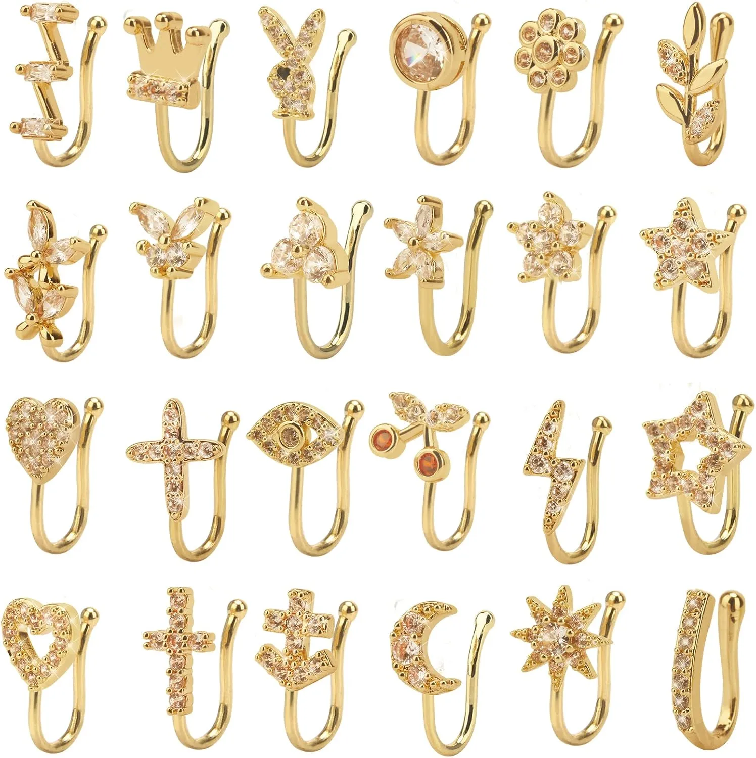 24Pcs Fake Nose Ring CZ African Nose Cuffs Gold Faux Septum Nose Rings Clip on Nose Jewelry for Woman Non Pierced Jewelry