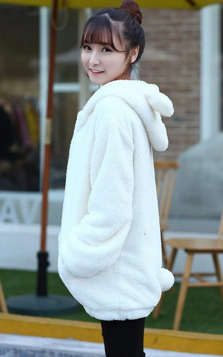 acdiac Fluffy Kawaii Bunny/Bear Hoodie Ears&Tail Animal Top Cute Rabbit Zip Jacket Winter Women Girl Sweet Sweater Coat