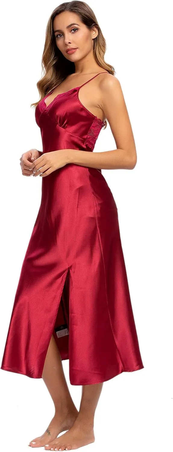 ALCEA ROSEA Women Silk Satin Nightgown Sexy Lace Chemise Lingerie Long Sleepdress for Ladies Sleepwear Slip Negligee