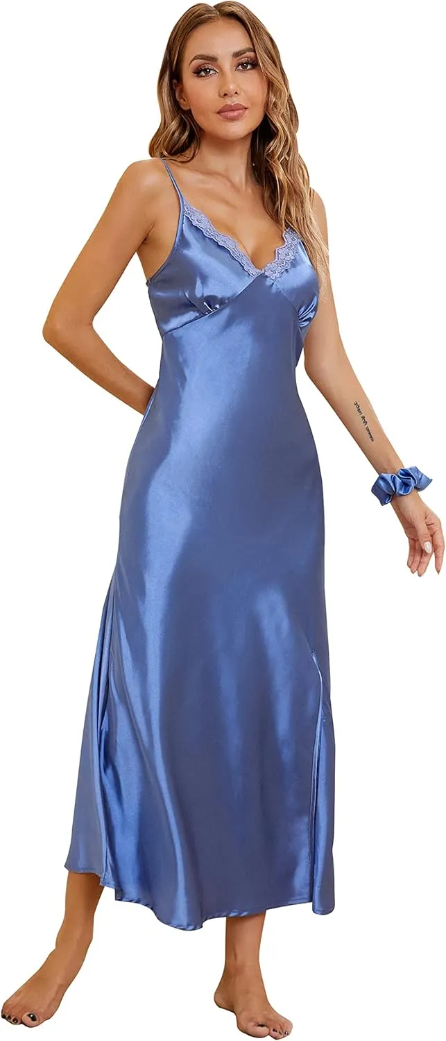 ALCEA ROSEA Women Silk Satin Nightgown Sexy Lace Chemise Lingerie Long Sleepdress for Ladies Sleepwear Slip Negligee