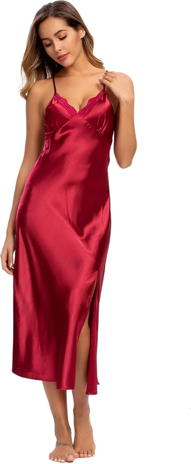 ALCEA ROSEA Women Silk Satin Nightgown Sexy Lace Chemise Lingerie Long Sleepdress for Ladies Sleepwear Slip Negligee