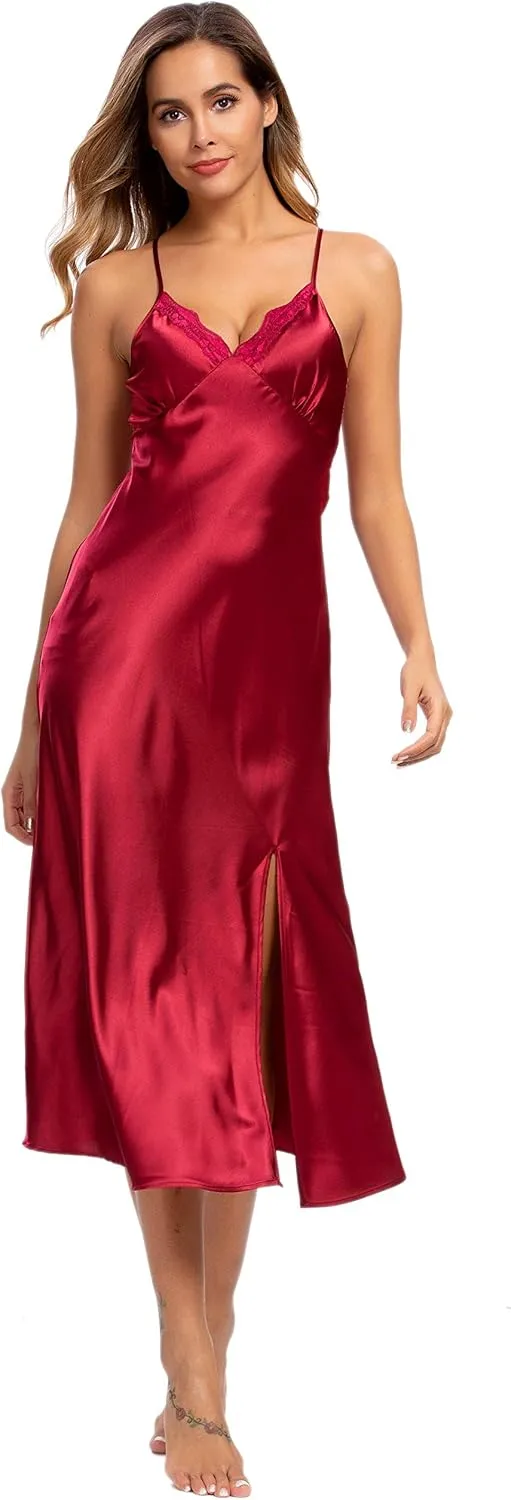 ALCEA ROSEA Women Silk Satin Nightgown Sexy Lace Chemise Lingerie Long Sleepdress for Ladies Sleepwear Slip Negligee