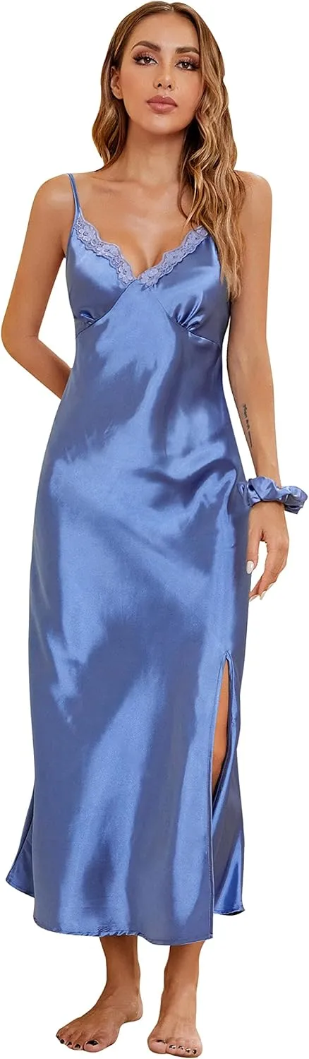 ALCEA ROSEA Women Silk Satin Nightgown Sexy Lace Chemise Lingerie Long Sleepdress for Ladies Sleepwear Slip Negligee