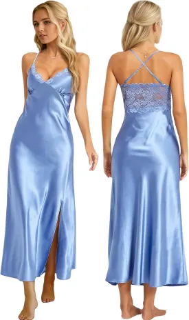 ALCEA ROSEA Women Silk Satin Nightgown Sexy Lace Chemise Lingerie Long Sleepdress for Ladies Sleepwear Slip Negligee