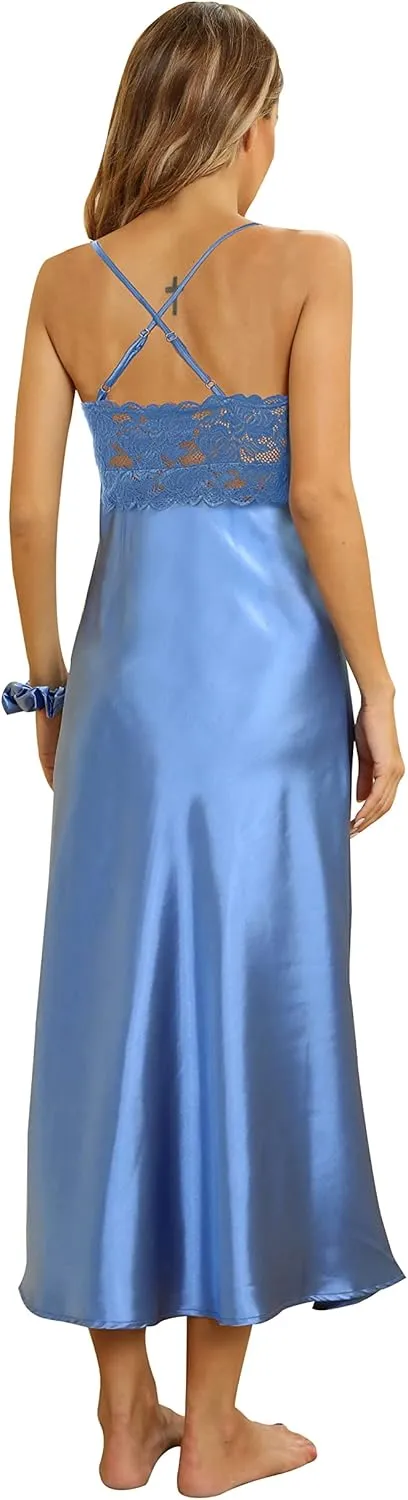 ALCEA ROSEA Women Silk Satin Nightgown Sexy Lace Chemise Lingerie Long Sleepdress for Ladies Sleepwear Slip Negligee