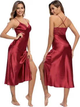 ALCEA ROSEA Women Silk Satin Nightgown Sexy Lace Chemise Lingerie Long Sleepdress for Ladies Sleepwear Slip Negligee