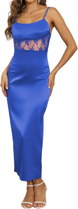 Amilia Womens Sexy Scoop Neck Lace Patchwork Cami Slip Dress Cocktail Party Maxi Sheath Dresses Nightgown