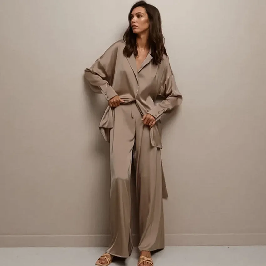 Amozae church outfit 2024 Autumn New Nightgown Loose Comfortable Trousers Artificial Silk Casual Women's Home Wear French Suit