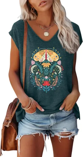 Anbech Cap Sleeve Tops Women Graphic V Neck Shirt Solid Print Casual T-Shirts