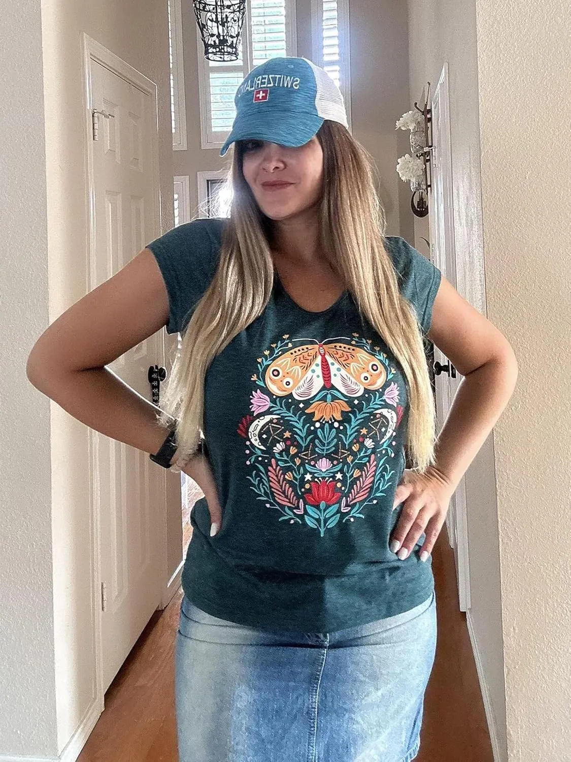 Anbech Cap Sleeve Tops Women Graphic V Neck Shirt Solid Print Casual T-Shirts