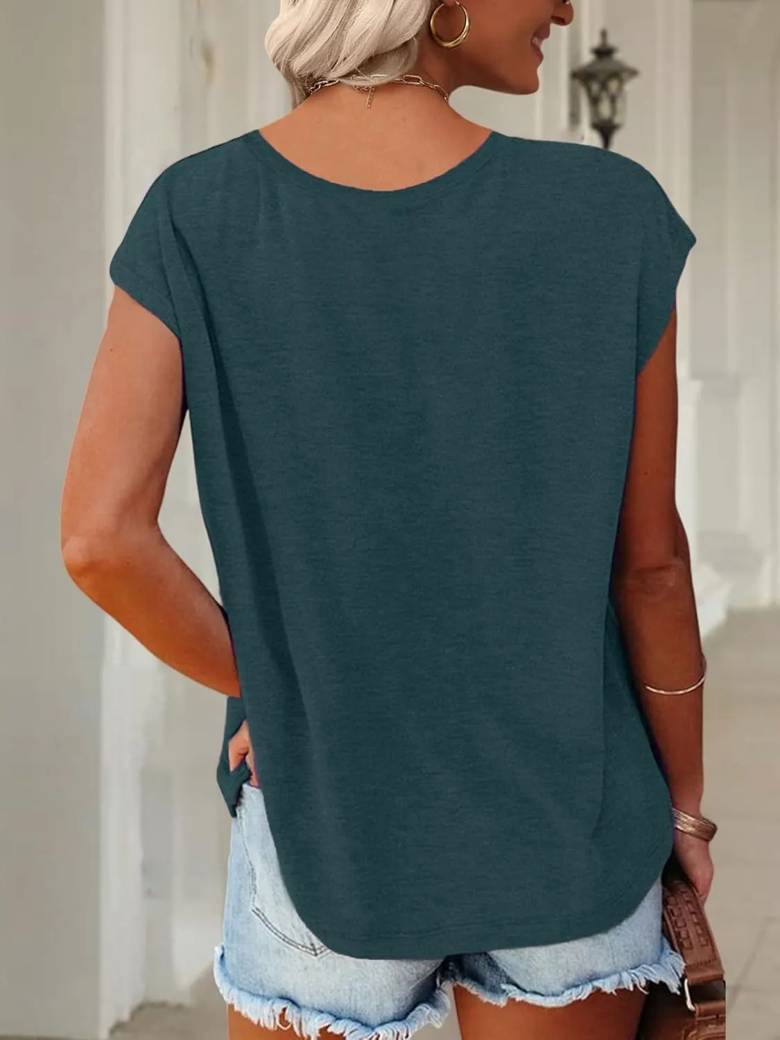 Anbech Cap Sleeve Tops Women Graphic V Neck Shirt Solid Print Casual T-Shirts