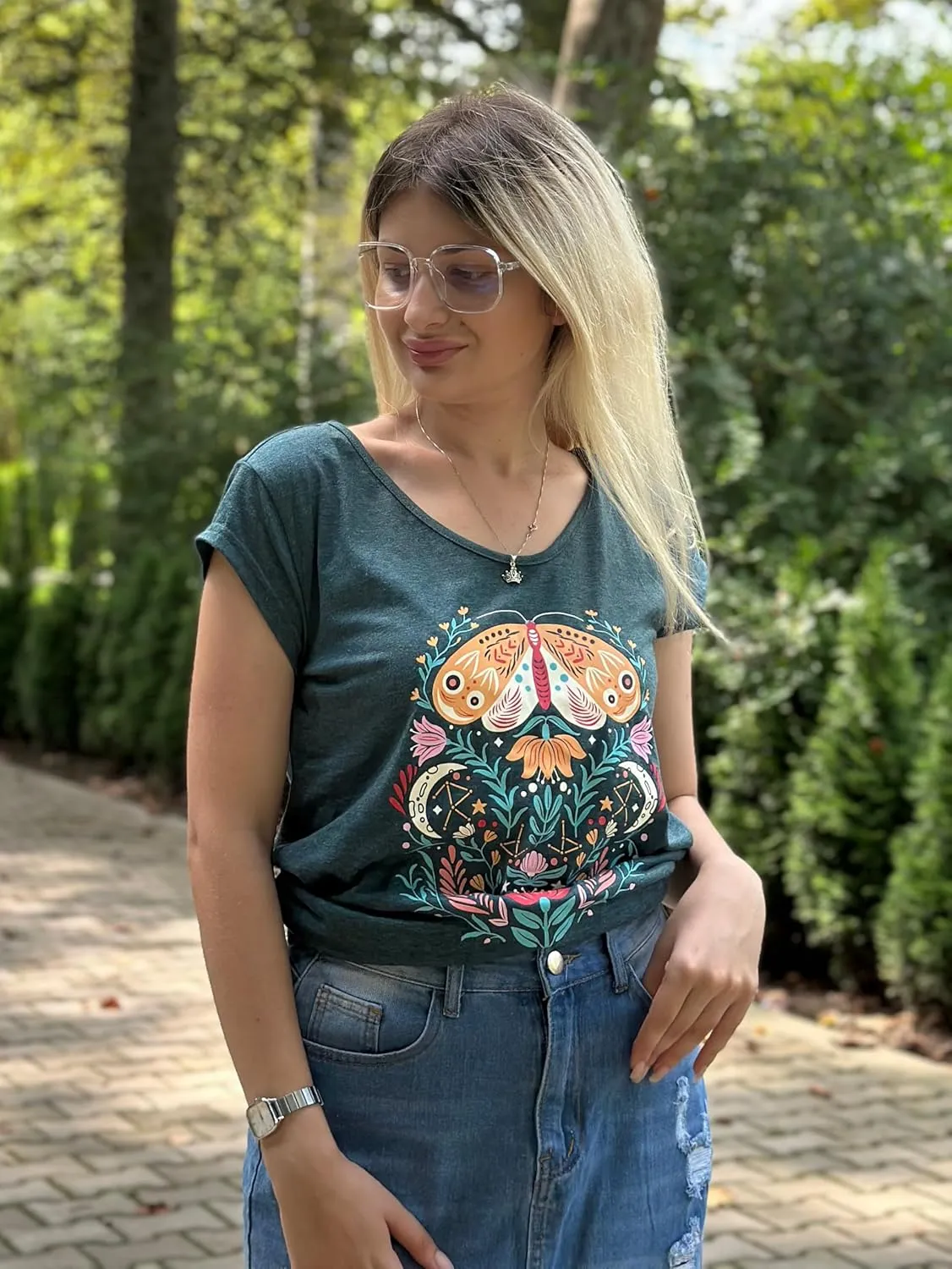 Anbech Cap Sleeve Tops Women Graphic V Neck Shirt Solid Print Casual T-Shirts