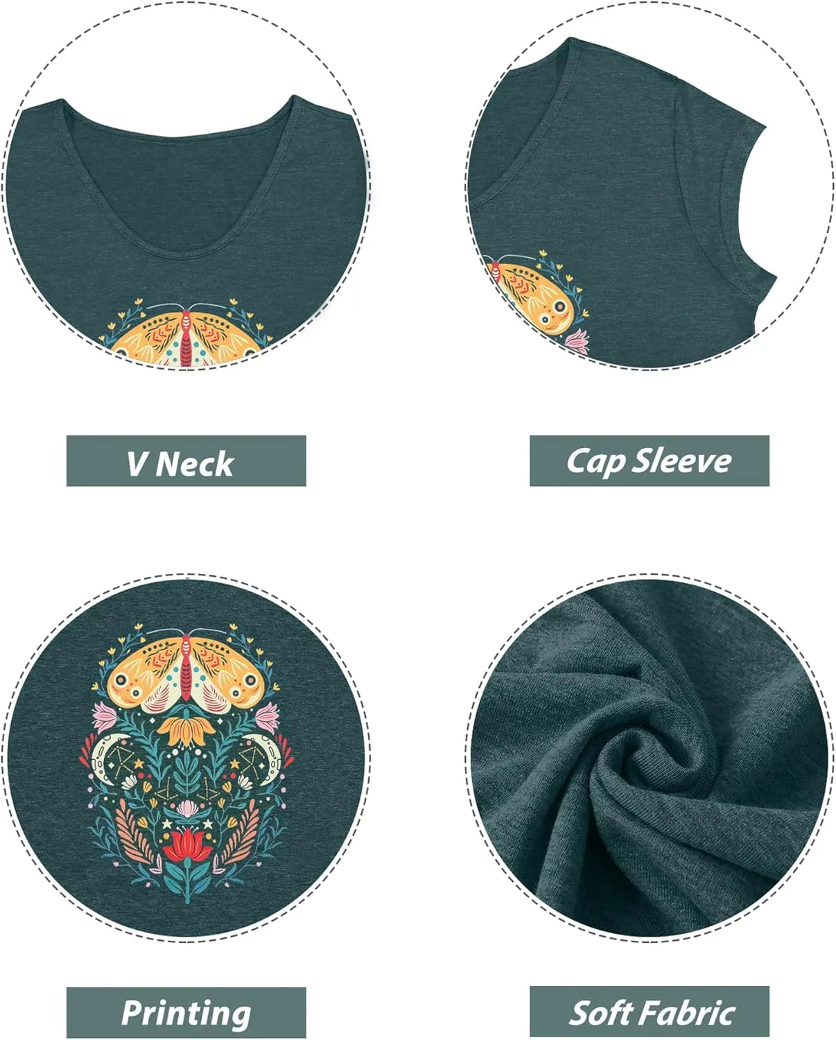 Anbech Cap Sleeve Tops Women Graphic V Neck Shirt Solid Print Casual T-Shirts