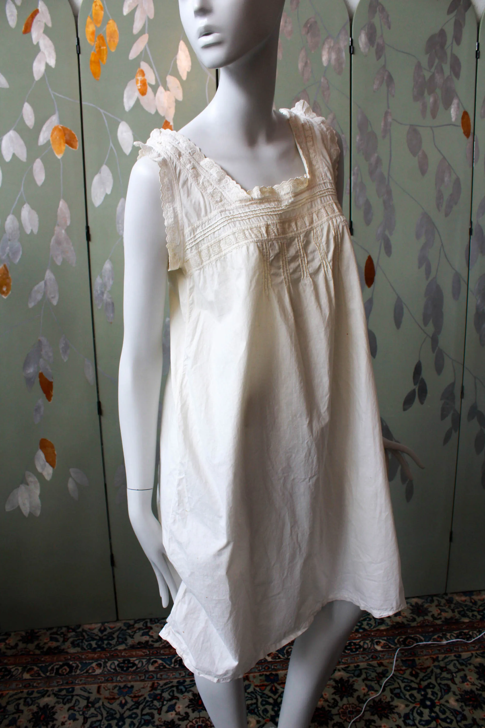 Antique White Cotton Nightgown with Daisy Eyelet Trim, Large