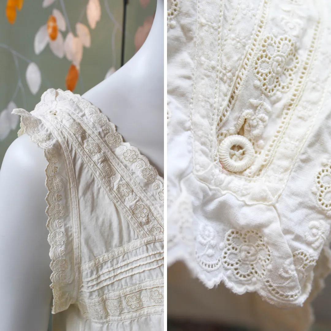 Antique White Cotton Nightgown with Daisy Eyelet Trim, Large