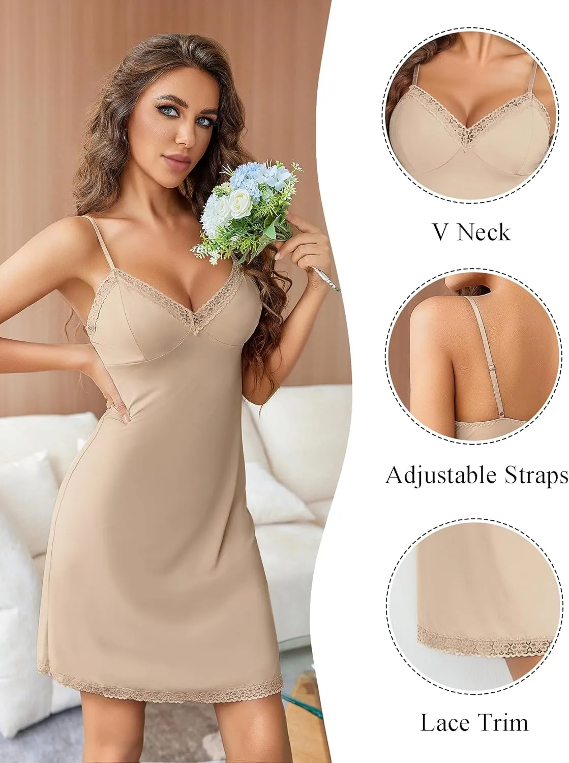 Avidlove Spaghetti Strap Slip Dress Lace Trim Full Slips for Under Dresses Sexy Nightgown