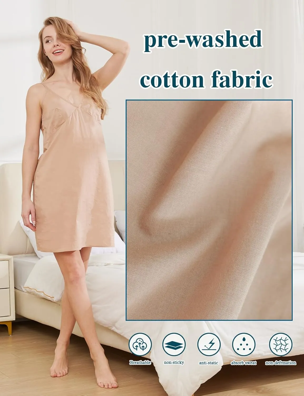 BEAUTELICATE Women 100% Dress Slip Cotton Slip Under Dress Above Knee Full Slip Adjustable Straps Nightgown