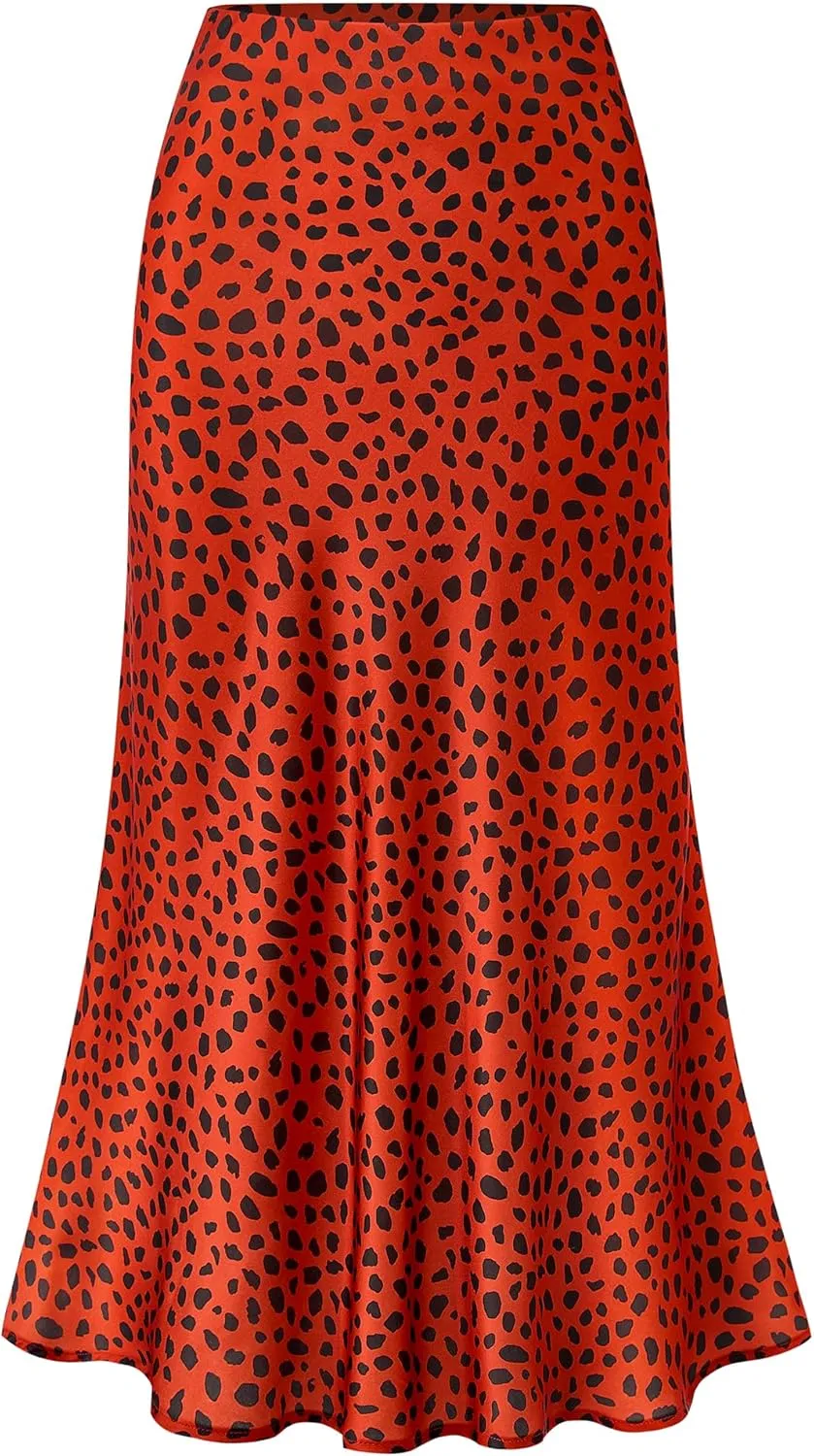 BTFBM Satin Skirts for Women Trendy Summer 2025 High Waisted A-Line Leopard Print Cocktail Wedding Long Silk Midi Skirt