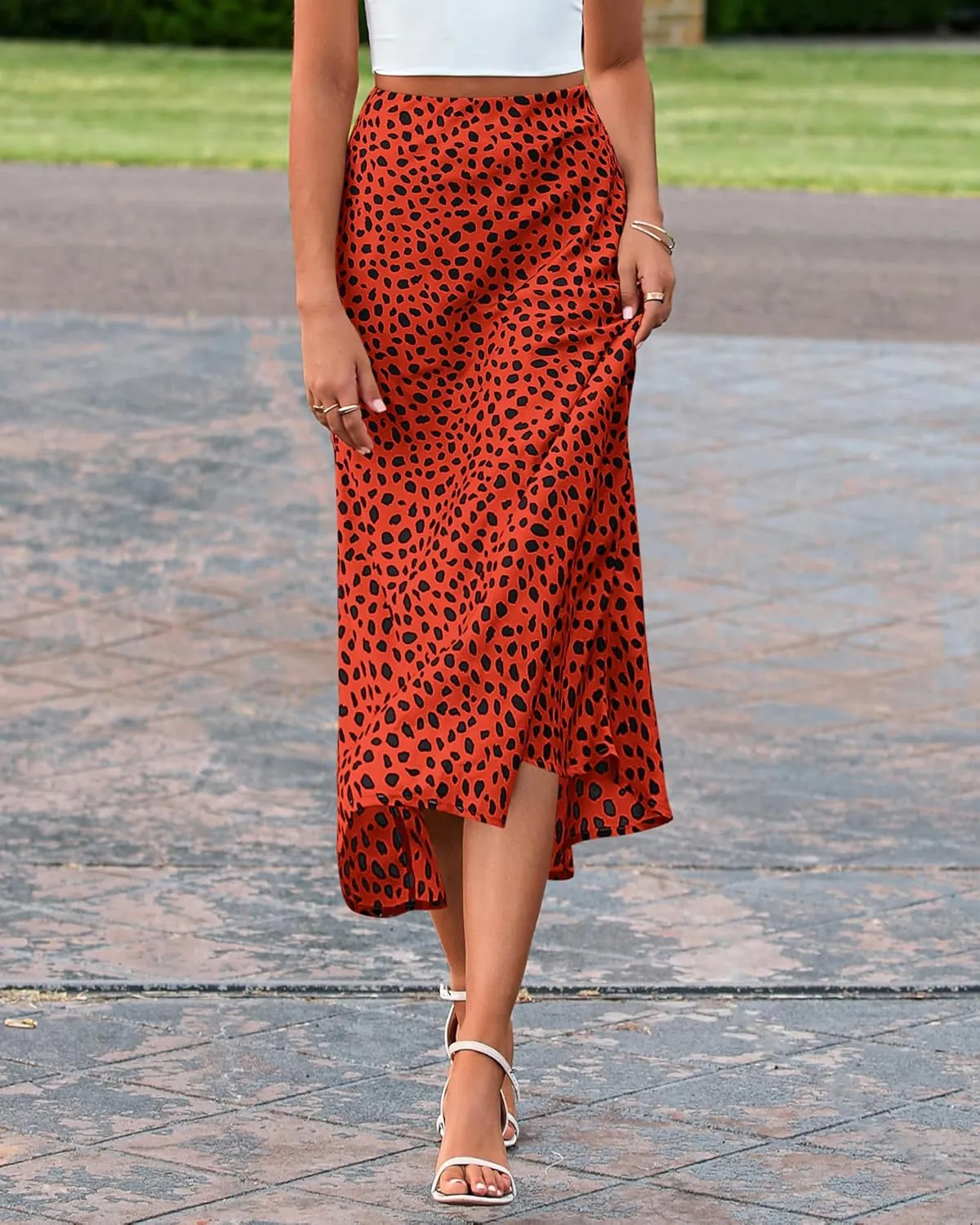 BTFBM Satin Skirts for Women Trendy Summer 2025 High Waisted A-Line Leopard Print Cocktail Wedding Long Silk Midi Skirt