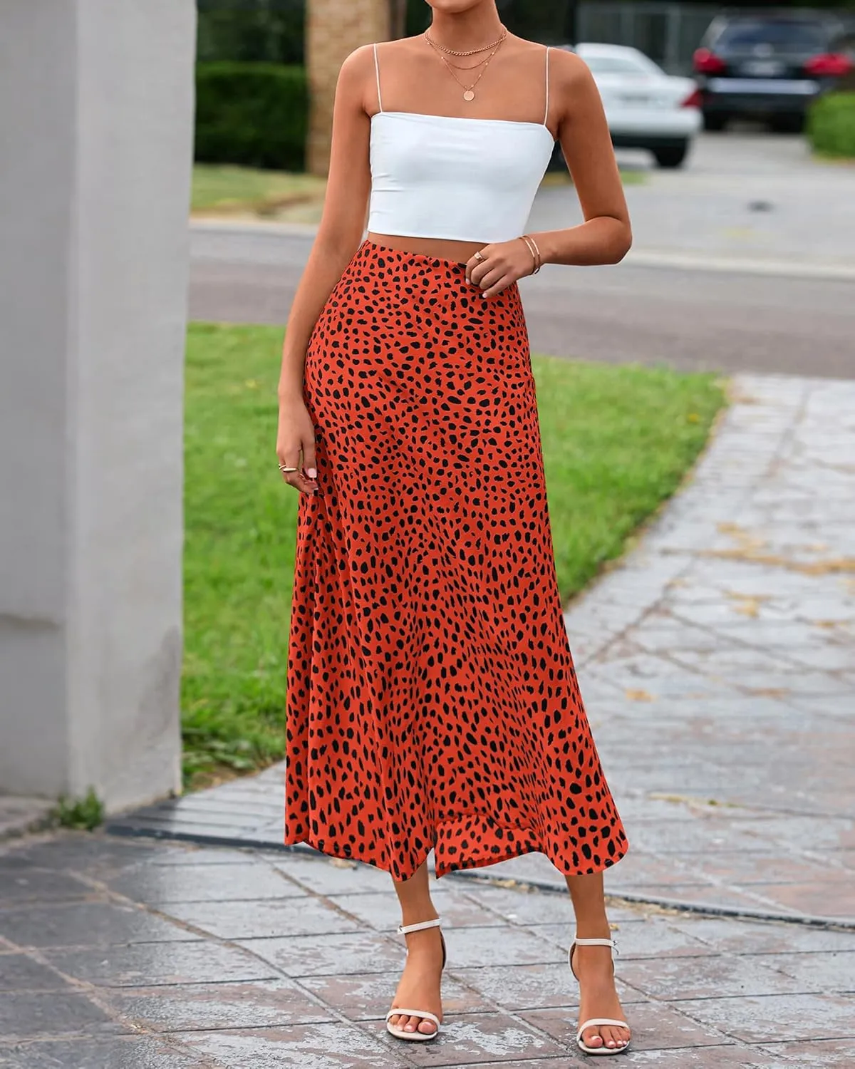 BTFBM Satin Skirts for Women Trendy Summer 2025 High Waisted A-Line Leopard Print Cocktail Wedding Long Silk Midi Skirt