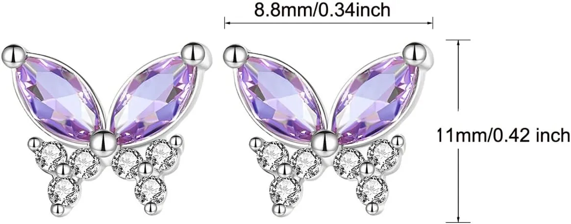 Butterfly Earrings for Women 18K Gold Plated Purple Tiny Stud Earrings CZ Amethyst Cartilage Earring for women Jewelry Gifts