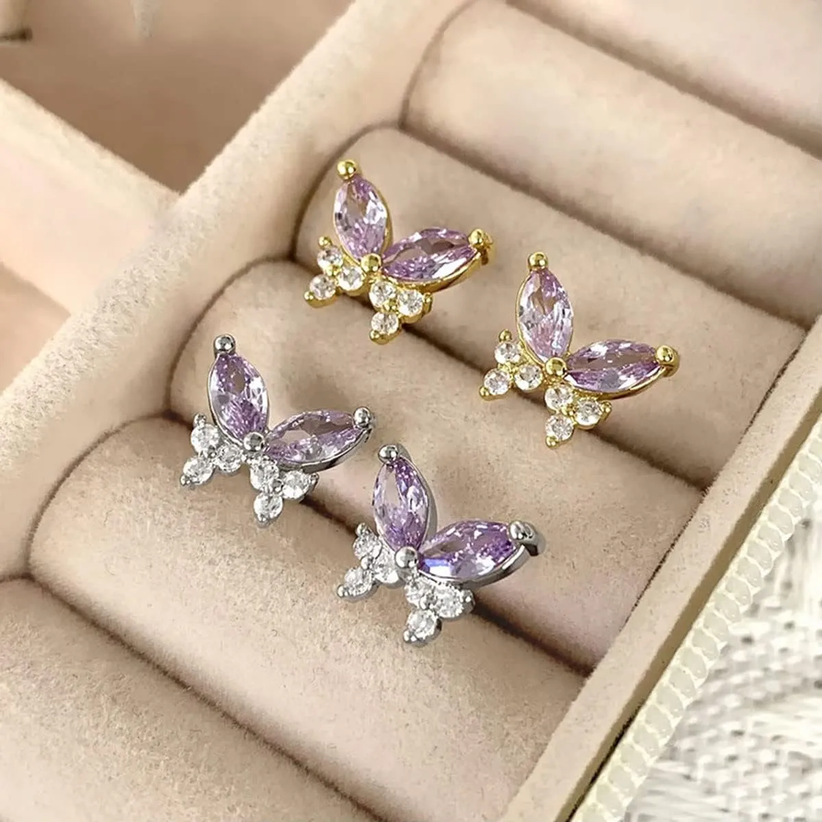 Butterfly Earrings for Women 18K Gold Plated Purple Tiny Stud Earrings CZ Amethyst Cartilage Earring for women Jewelry Gifts