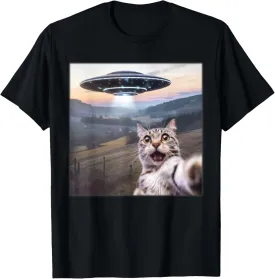 Cat Selfie With Alien UFO Funny Cat Meme For Men Women Kid T-Shirt