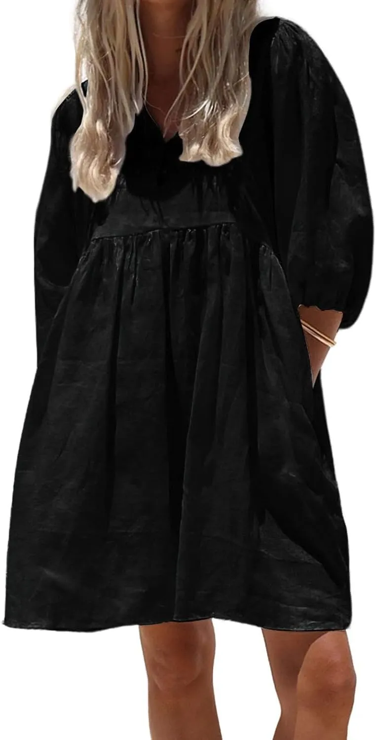 chouyatou Women's Summer Puff Sleeve Cotton Tunic Dress V-Neck Mini Vacation Babydoll Dress