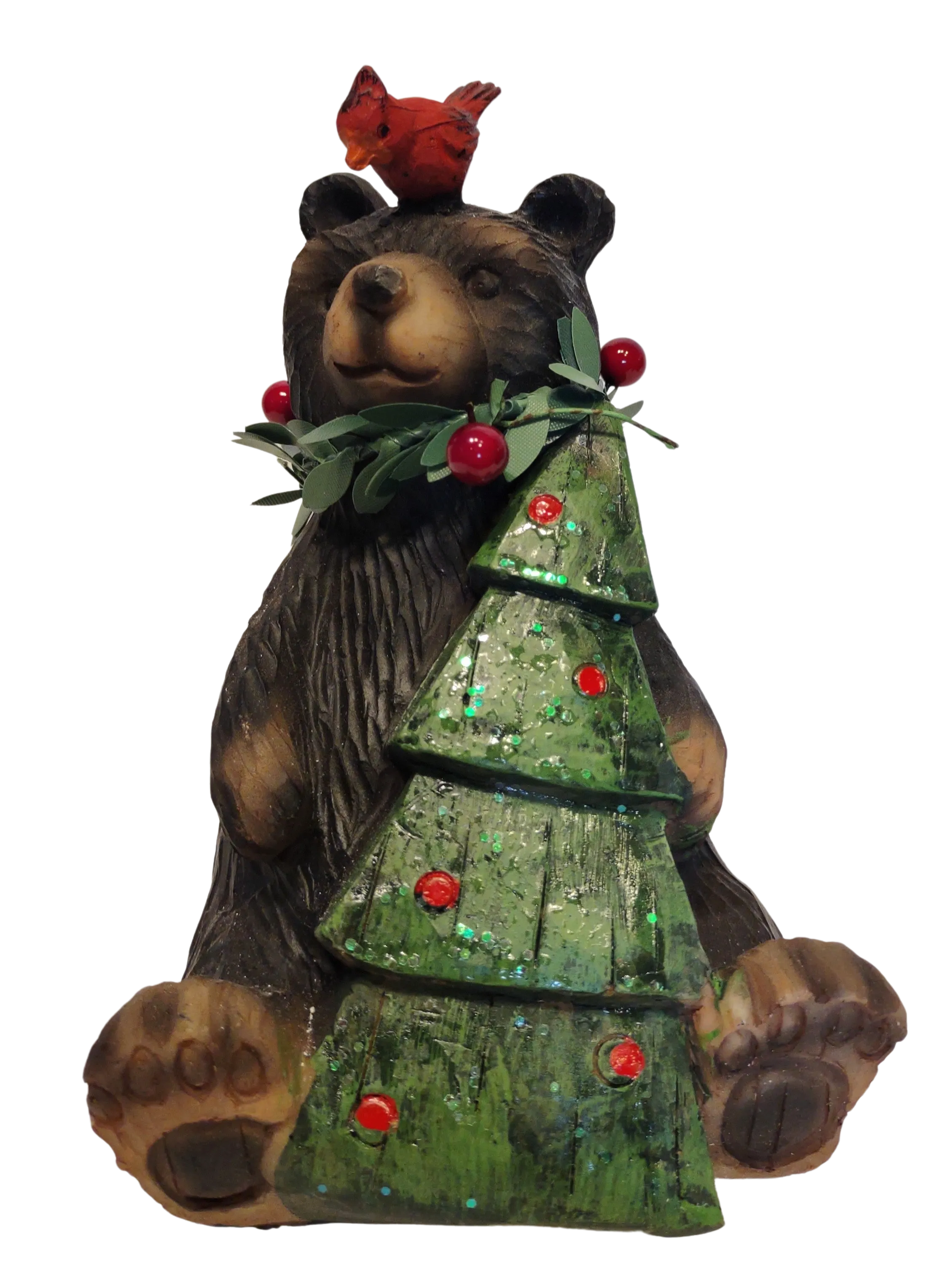 Christmas Bear Figurine Holding Peace Sign, Christmas Wreath or Christmas Tree