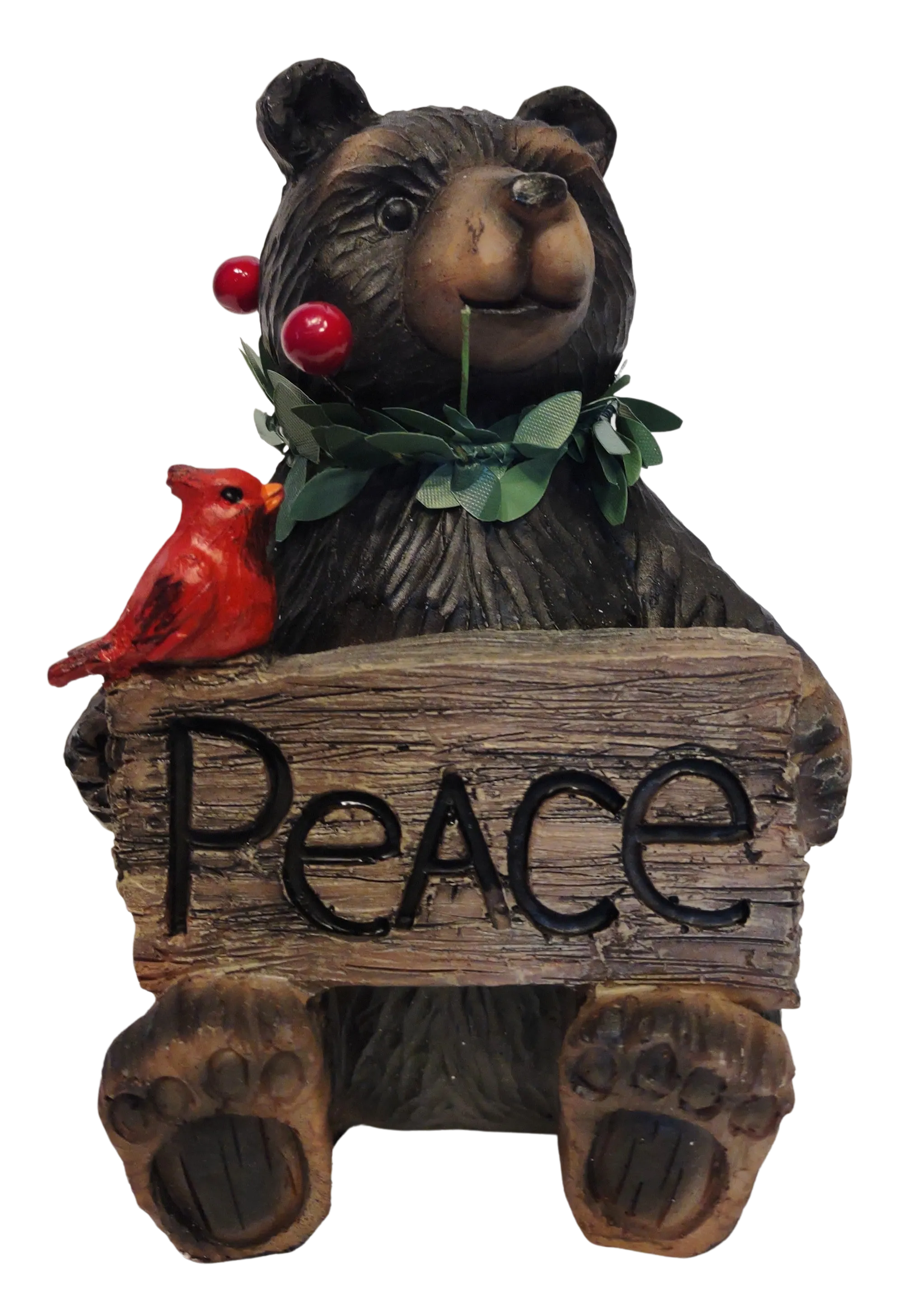 Christmas Bear Figurine Holding Peace Sign, Christmas Wreath or Christmas Tree