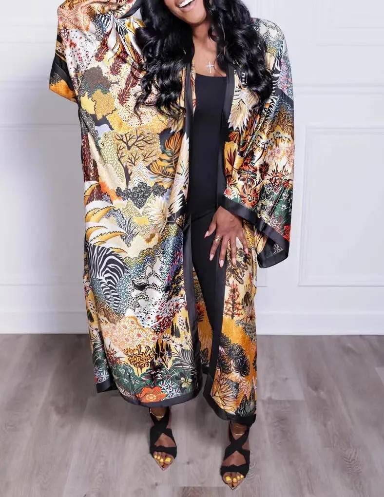 cu4eve Summer Cardigan For Women Lightweight Satin Open Front Long Kimono Swimsuit Cover Ups Silk Robe Plus Size