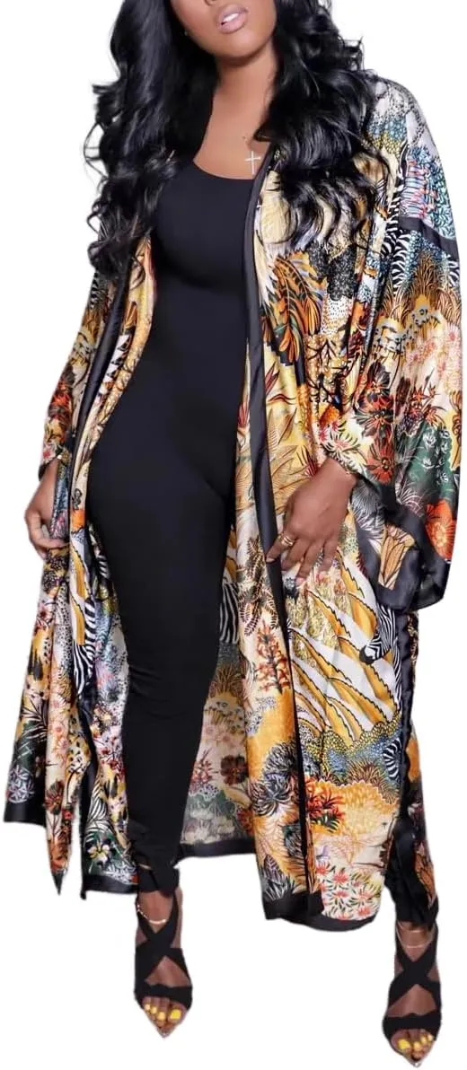 cu4eve Summer Cardigan For Women Lightweight Satin Open Front Long Kimono Swimsuit Cover Ups Silk Robe Plus Size