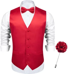 DiBanGu Mens Satin Vest and Bowtie Lapel Pin Set for Suit or Tuxedo,Solid Dress Waistcoat & Pre-tied Bowtie for Wedding Party