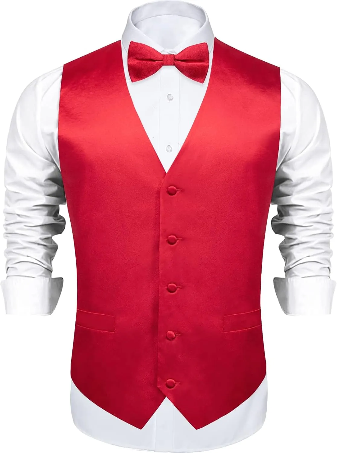 DiBanGu Mens Satin Vest and Bowtie Lapel Pin Set for Suit or Tuxedo,Solid Dress Waistcoat & Pre-tied Bowtie for Wedding Party