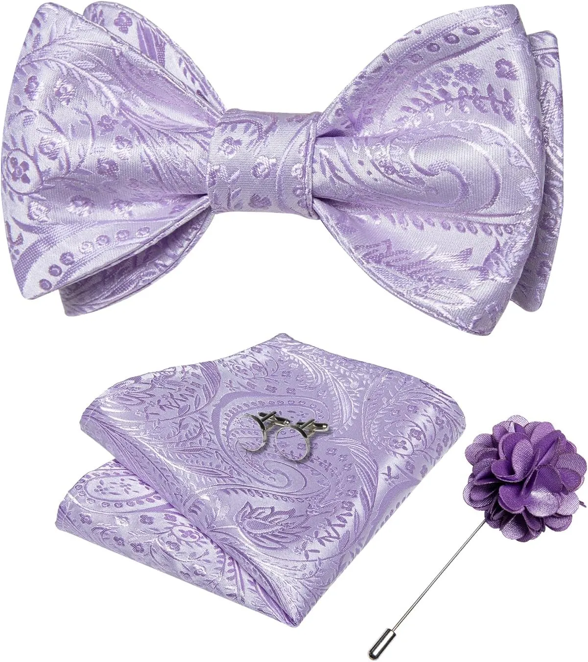 DiBanGu Paisley Bow Ties for Men Silk Self Tied Bowtie and Pocket Square Cufflinks with Lapel Pin for Wedding Party