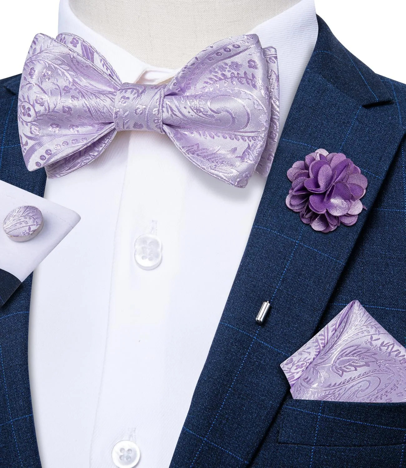 DiBanGu Paisley Bow Ties for Men Silk Self Tied Bowtie and Pocket Square Cufflinks with Lapel Pin for Wedding Party