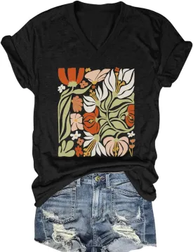 Flower Kindly Shirt for Women Funny Wildflower Plant T-Shirt Bohemian Summer Vacation V Neck Tops