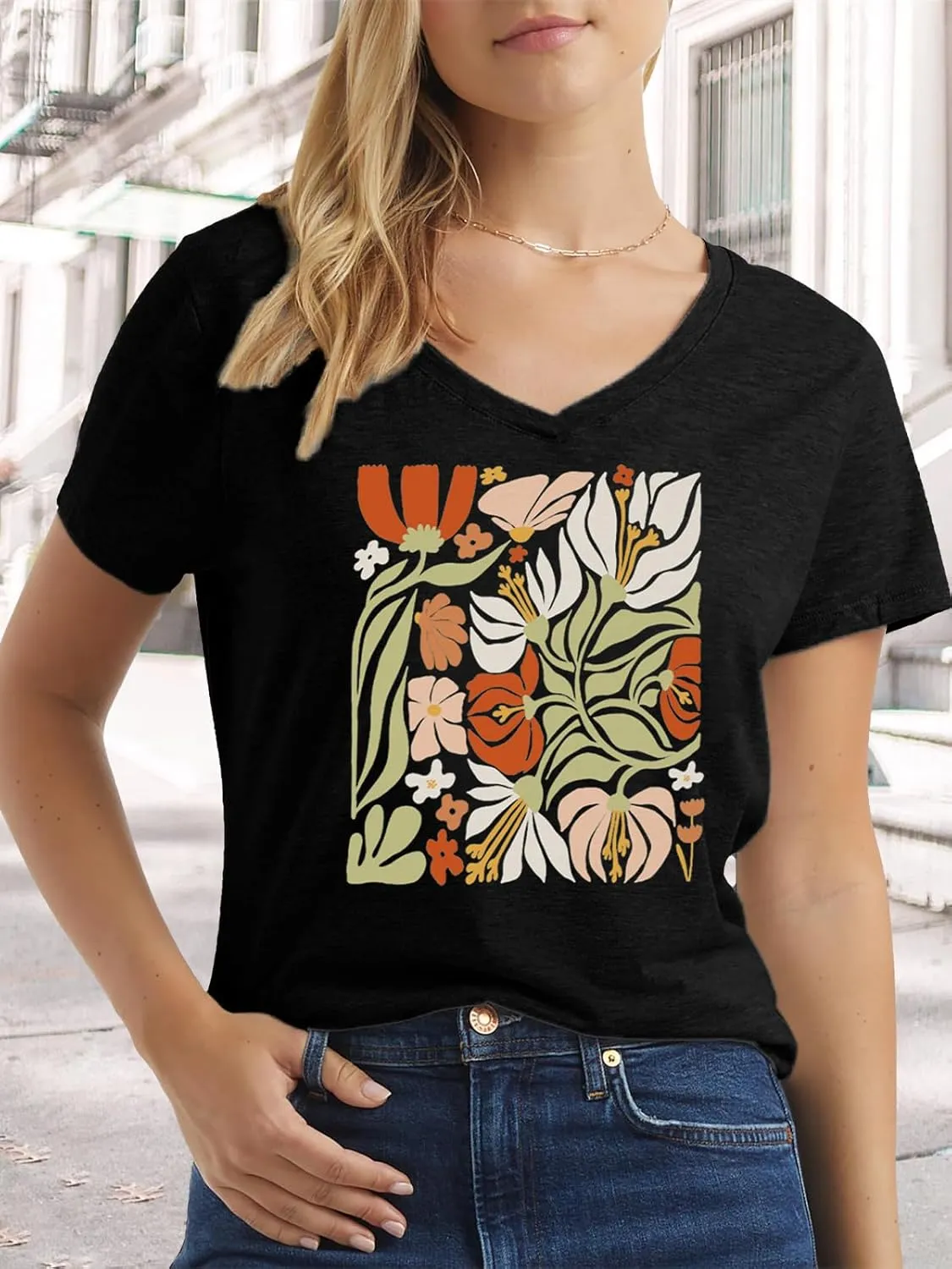 Flower Kindly Shirt for Women Funny Wildflower Plant T-Shirt Bohemian Summer Vacation V Neck Tops