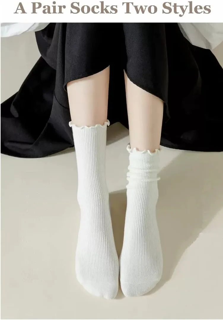 Flydo Ruffle Socks Women Cotton Socks Cute White Socks for Women Girls Lettuce Edge Socks Women Frilly Low Socks 5-10 Pack
