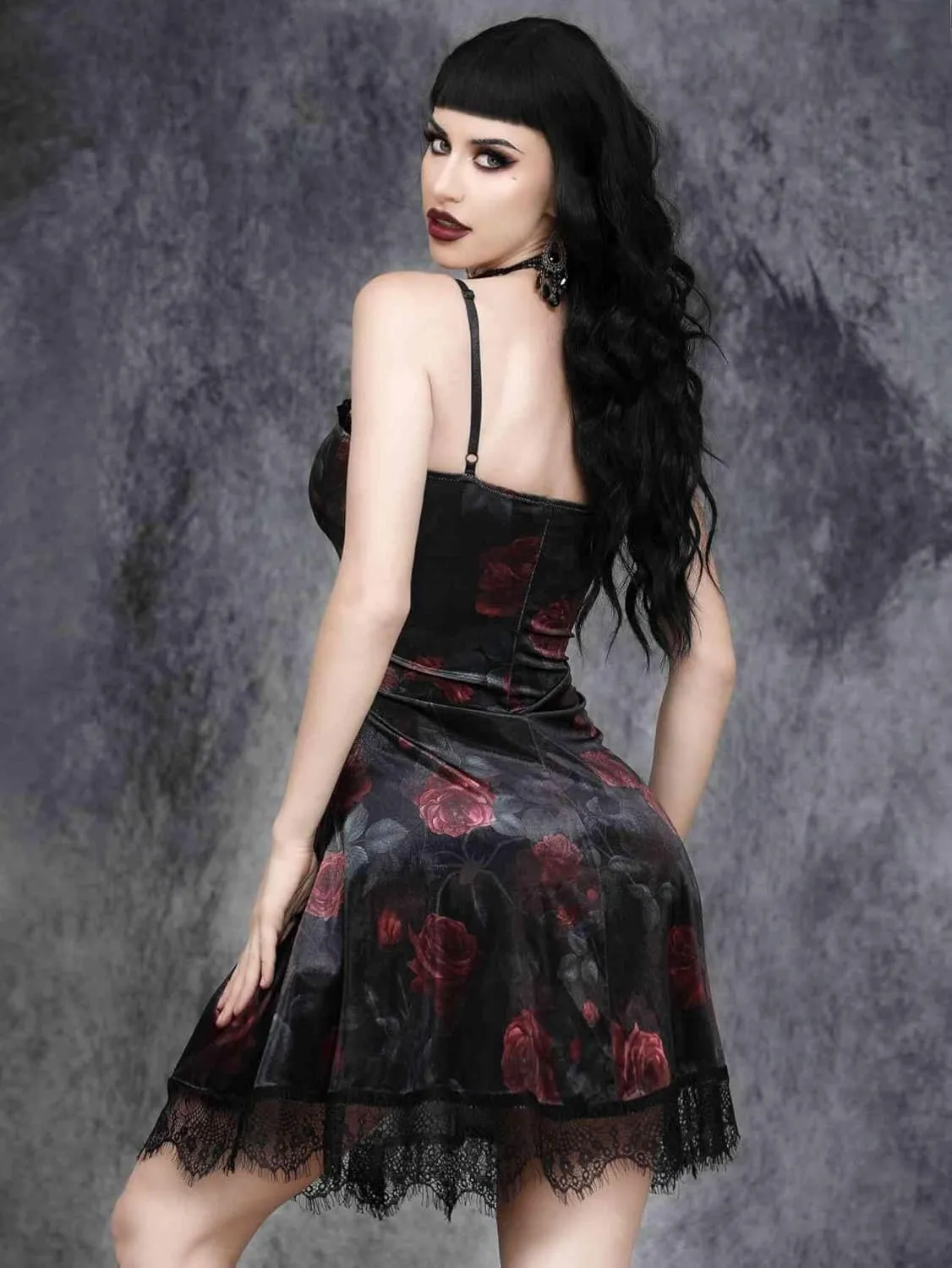 GothDark Vintage Goth Velvet Dress with V Neck Lace Trim Fall Sexy Mini Black Dresses