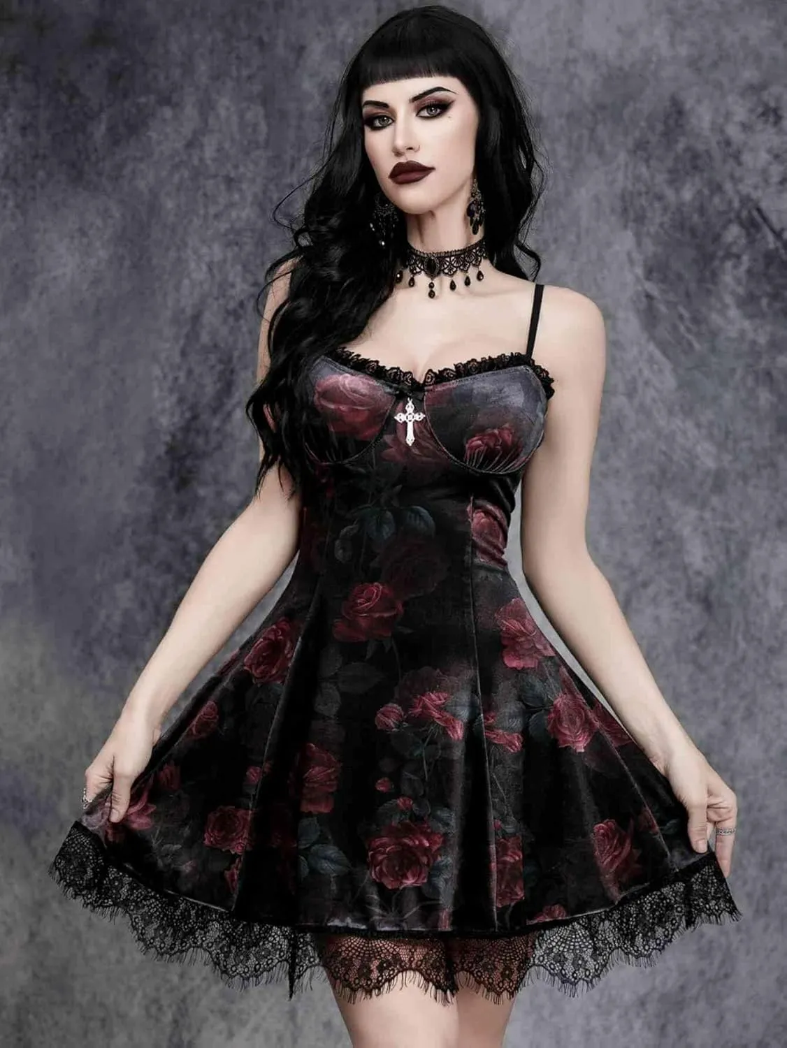 GothDark Vintage Goth Velvet Dress with V Neck Lace Trim Fall Sexy Mini Black Dresses