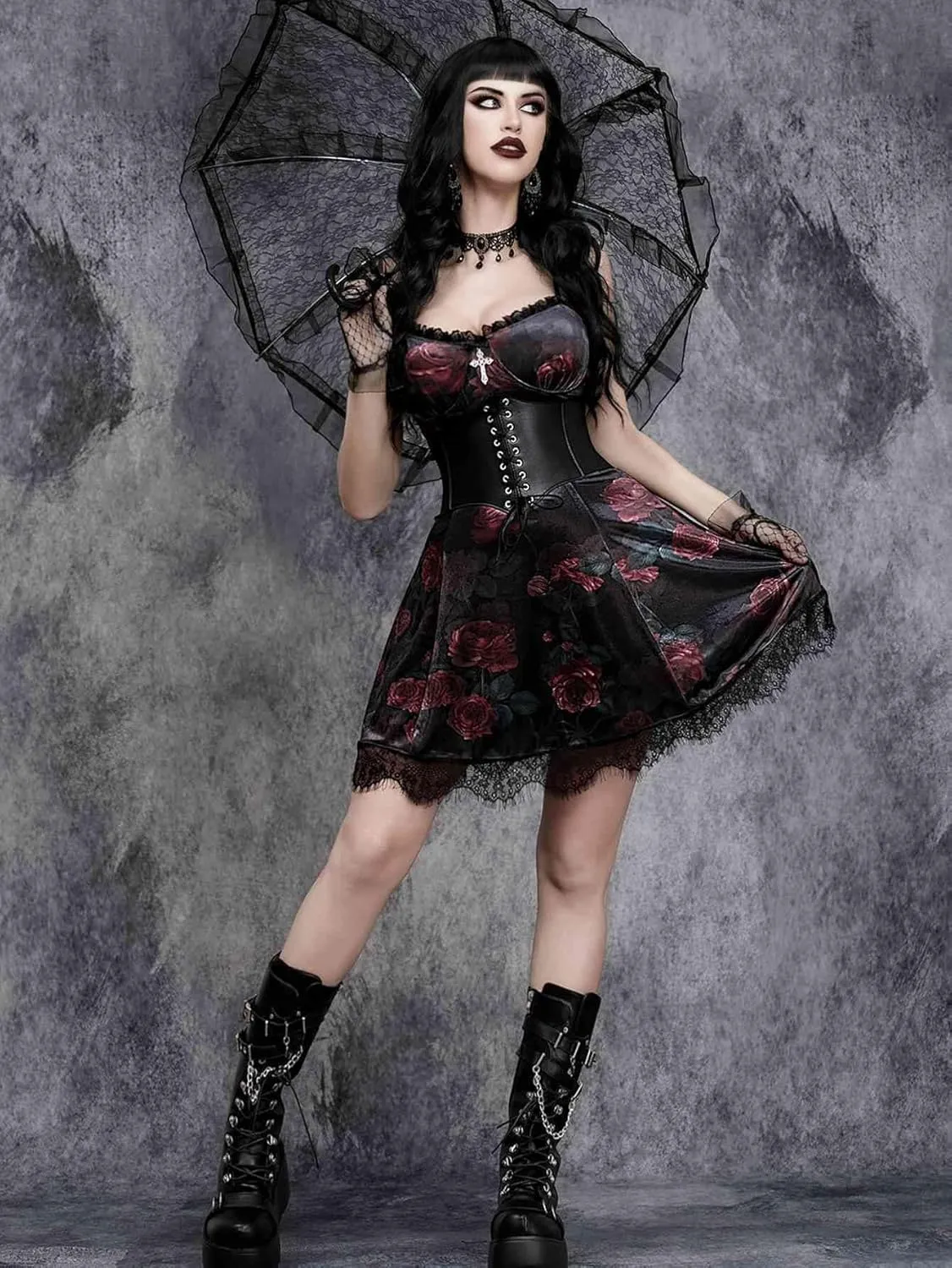 GothDark Vintage Goth Velvet Dress with V Neck Lace Trim Fall Sexy Mini Black Dresses