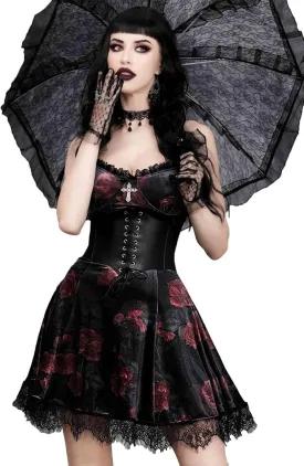 GothDark Vintage Goth Velvet Dress with V Neck Lace Trim Fall Sexy Mini Black Dresses