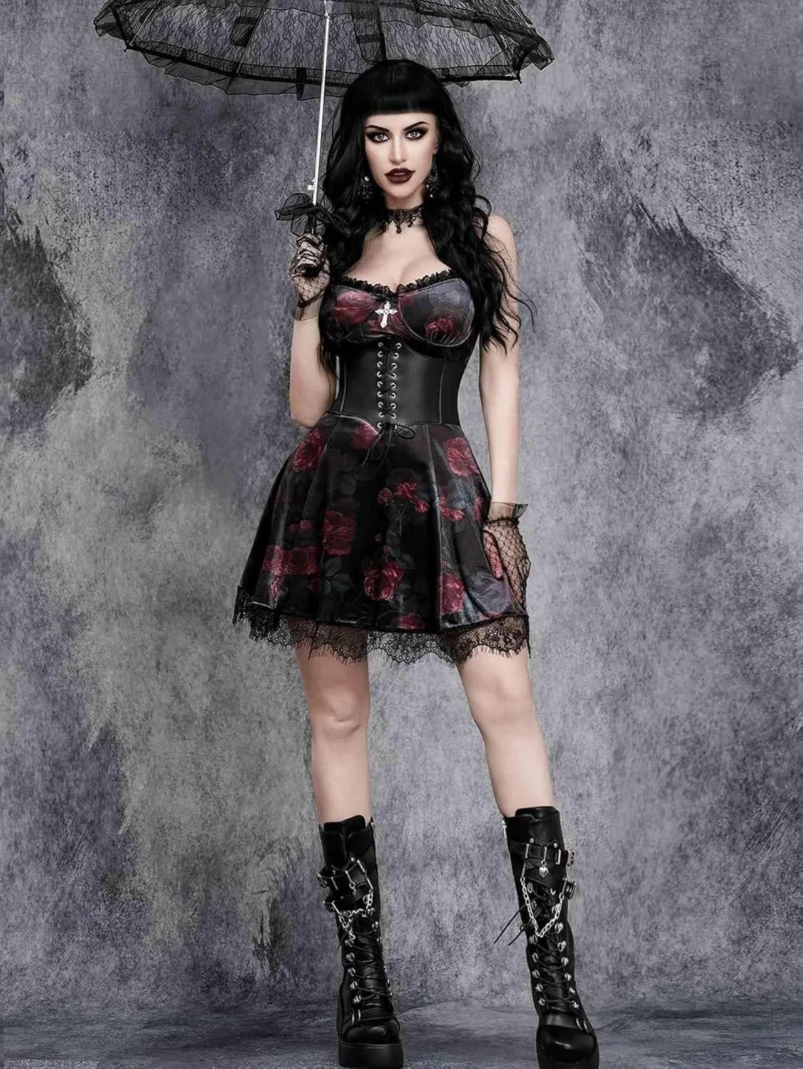 GothDark Vintage Goth Velvet Dress with V Neck Lace Trim Fall Sexy Mini Black Dresses