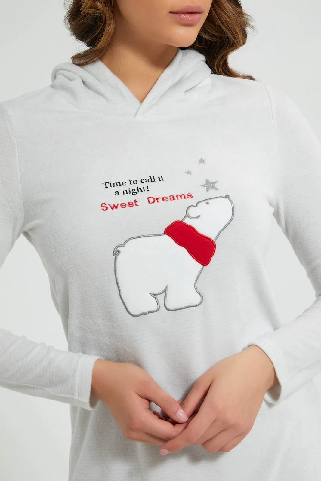 Grey Melange Bear Nightgown With Hoodie