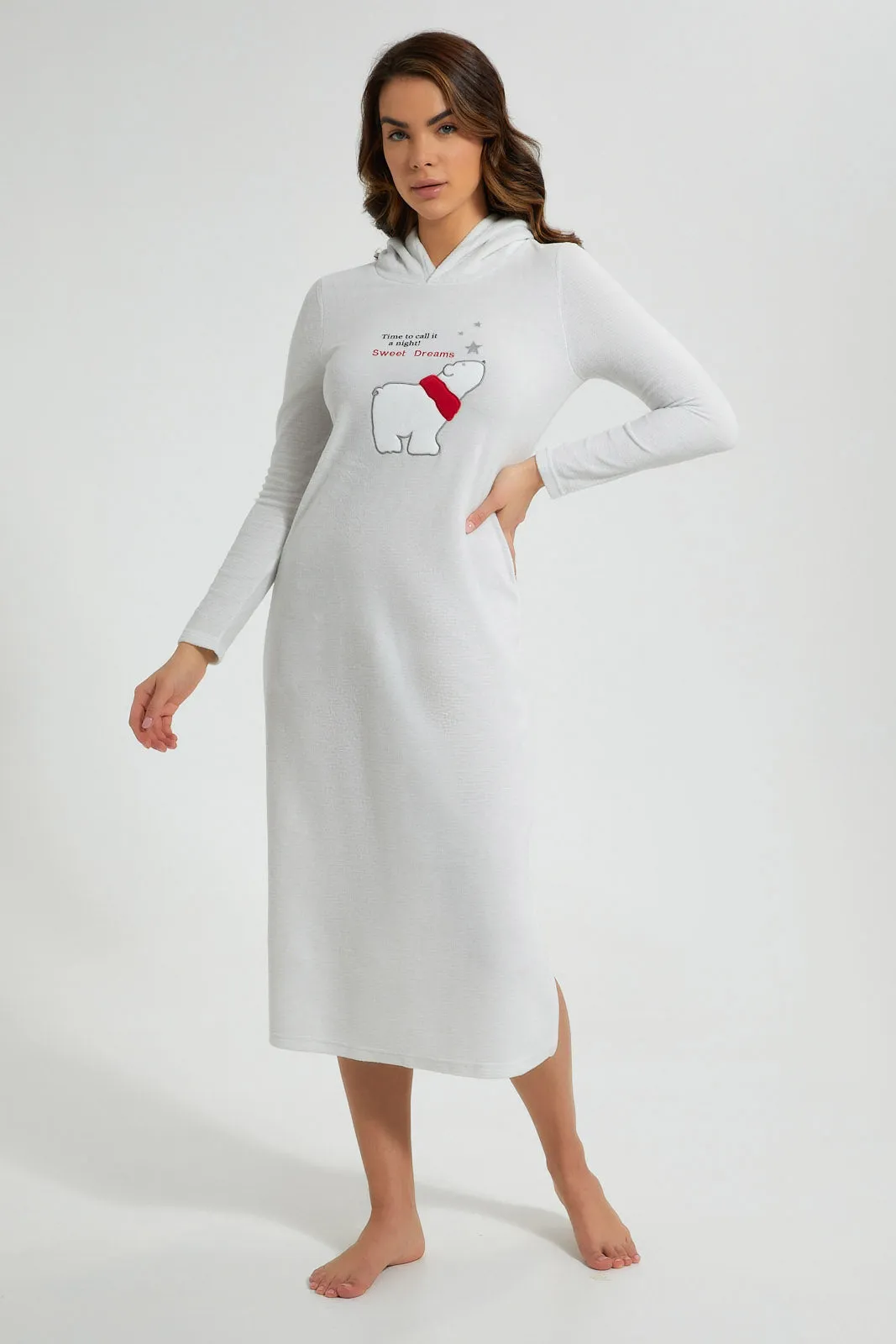 Grey Melange Bear Nightgown With Hoodie