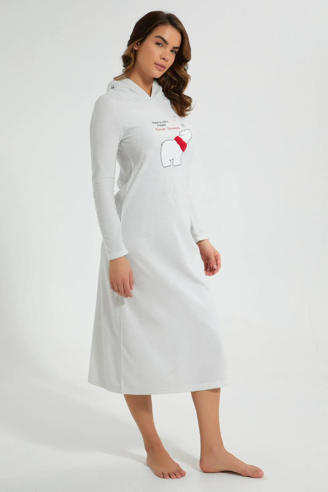 Grey Melange Bear Nightgown With Hoodie
